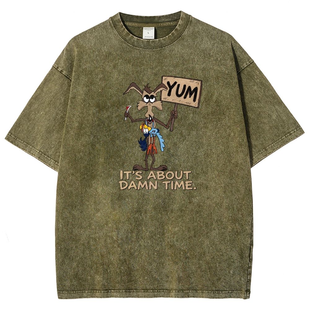 Vintage Funny Cartoon Wolf Signboard Graphic Washed T-shirt