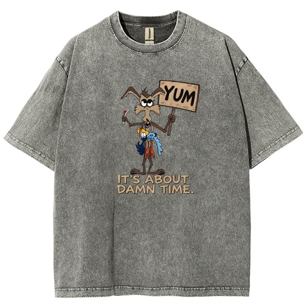 Vintage Funny Cartoon Wolf Signboard Graphic Washed T-shirt