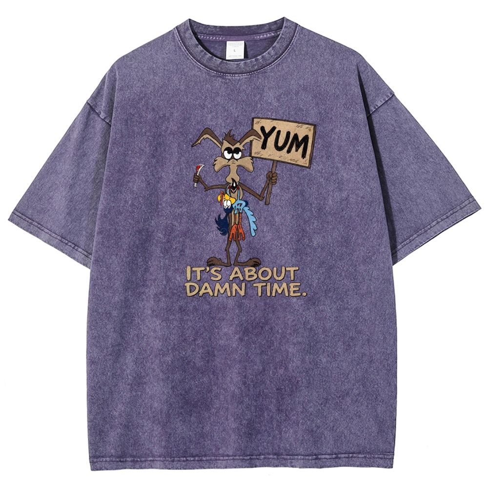 Vintage Funny Cartoon Wolf Signboard Graphic Washed T-shirt