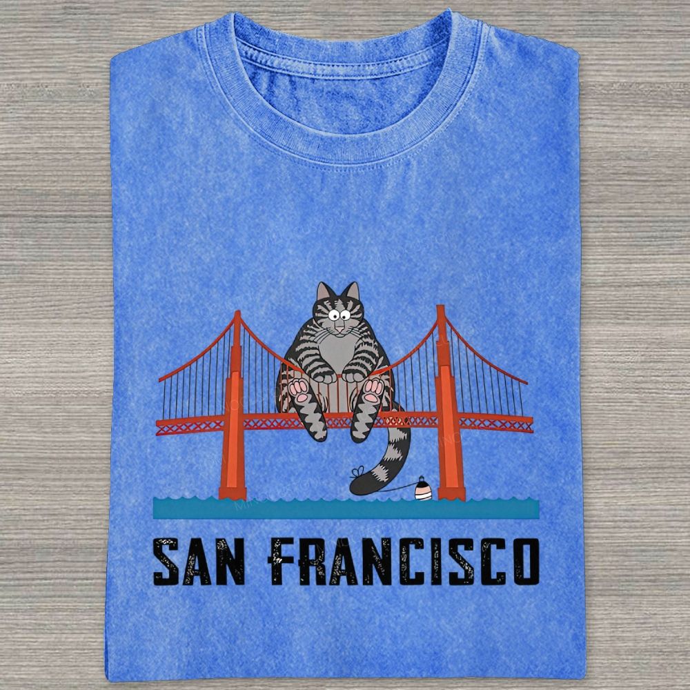 San Francisco Cat Golden Gate Bridge Graphic Washed T-shirt