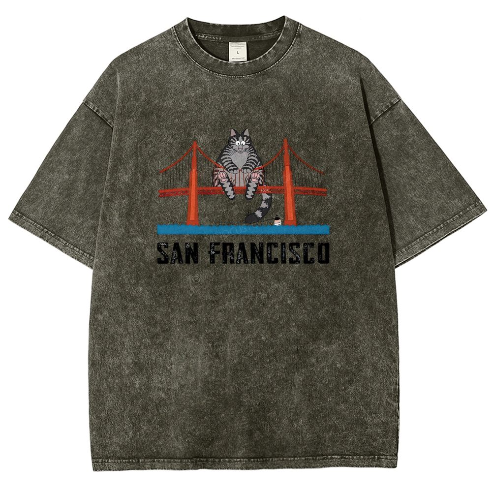 San Francisco Cat Golden Gate Bridge Graphic Washed T-shirt