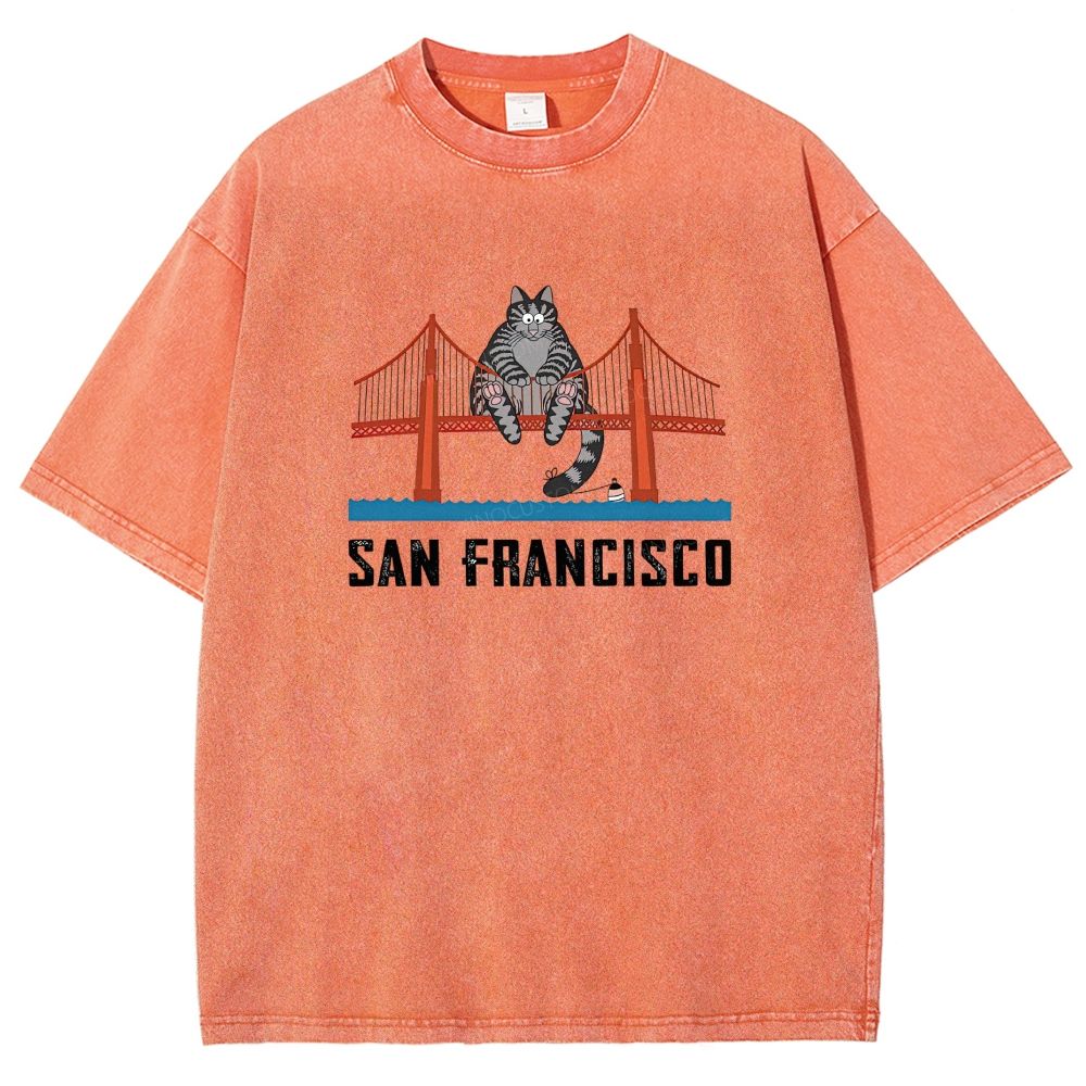 San Francisco Cat Golden Gate Bridge Graphic Washed T-shirt