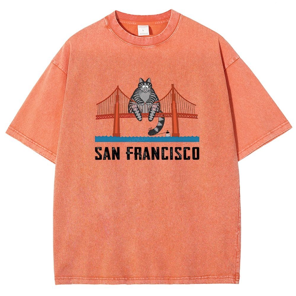 San Francisco Cat Golden Gate Bridge Graphic Washed T-shirt