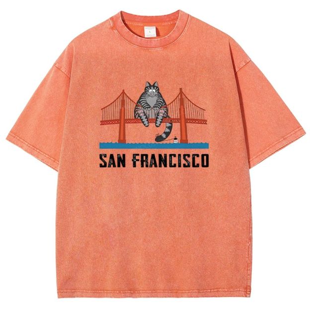 San Francisco Cat Golden Gate Bridge Graphic Washed T-shirt