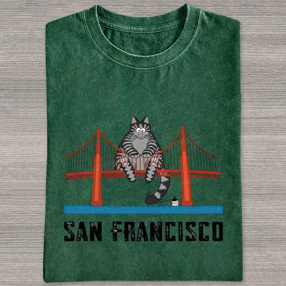 San Francisco Cat Golden Gate Bridge Graphic Washed T-shirt