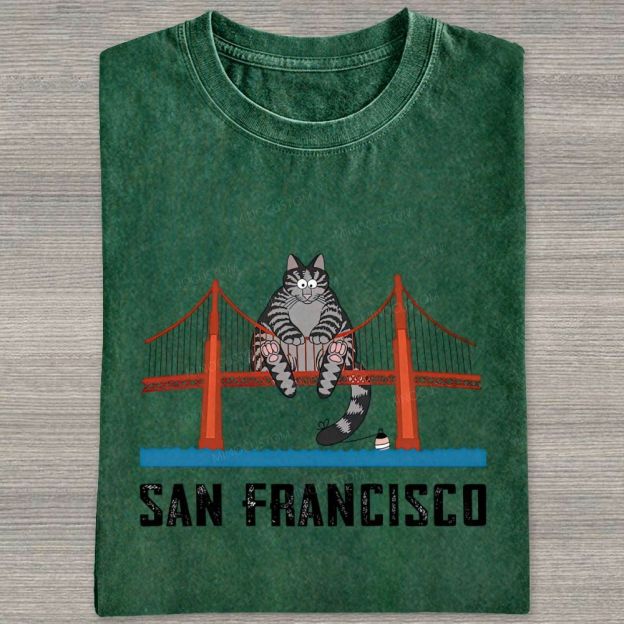 San Francisco Cat Golden Gate Bridge Graphic Washed T-shirt