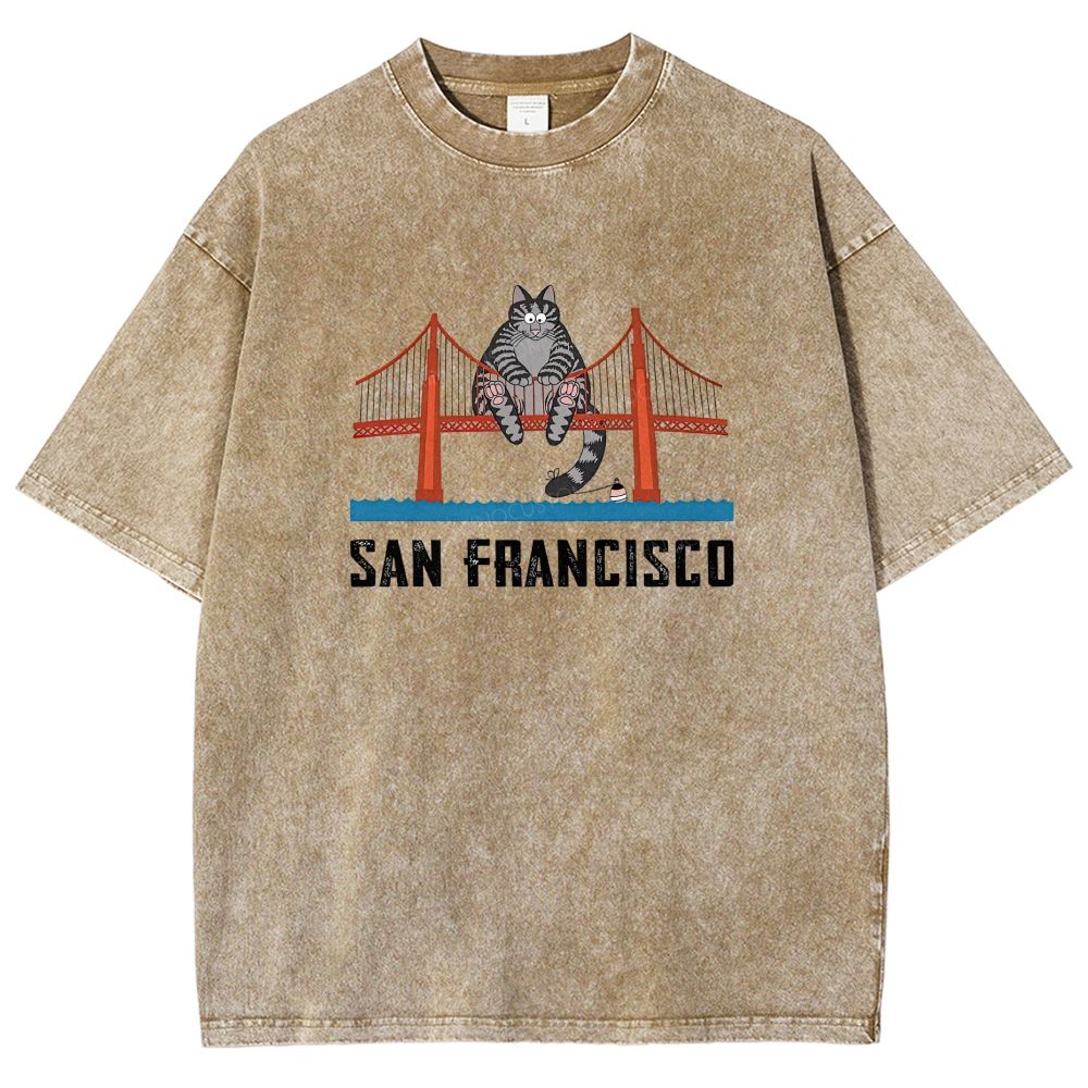 San Francisco Cat Golden Gate Bridge Graphic Washed T-shirt