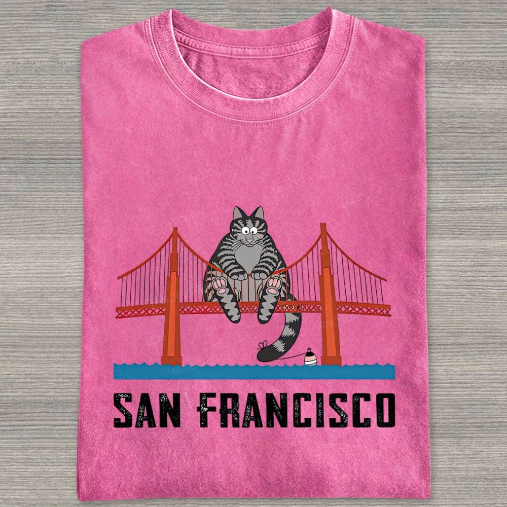 San Francisco Cat Golden Gate Bridge Graphic Washed T-shirt