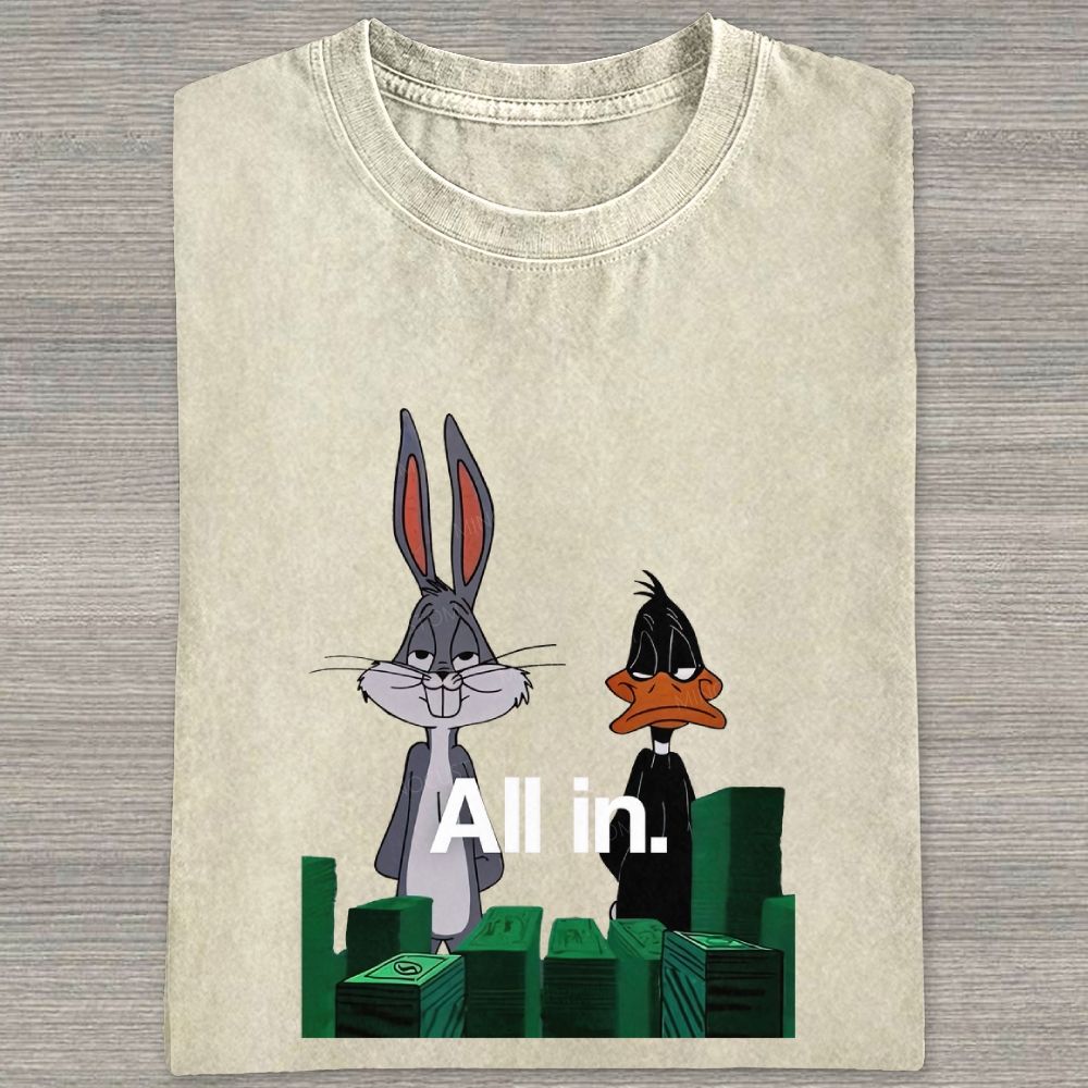 Retro Cartoon Rabbit Duck Casino Chips Graphic Washed T-shirt