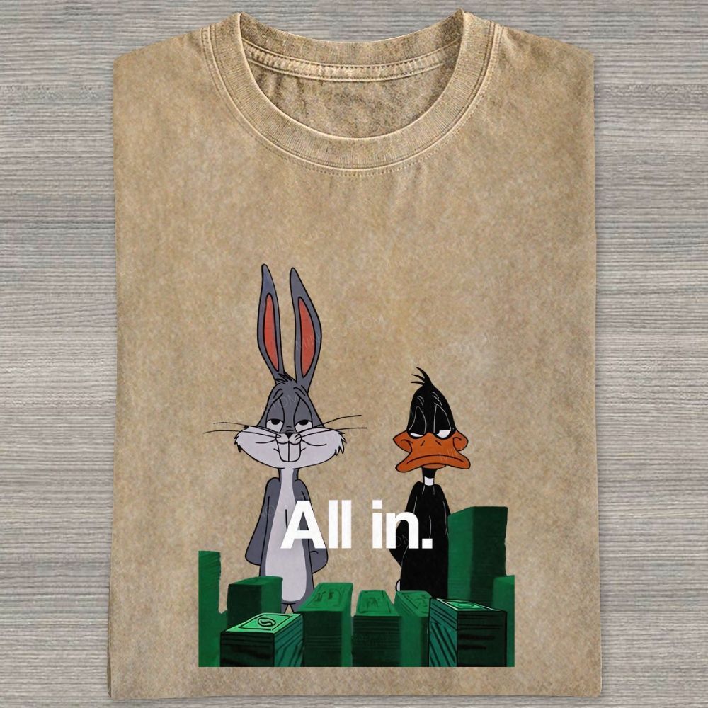 Retro Cartoon Rabbit Duck Casino Chips Graphic Washed T-shirt