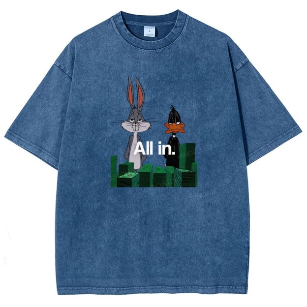 Retro Cartoon Rabbit Duck Casino Chips Graphic Washed T-shirt