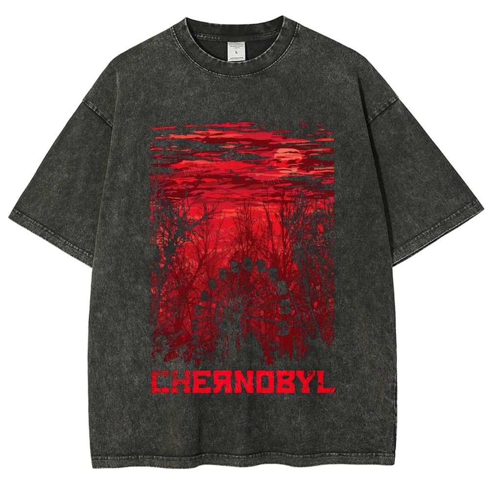 Post‑Apocalyptic Abandoned Amusement Park Red Landscape Unisex Fit Washed T-Shirt