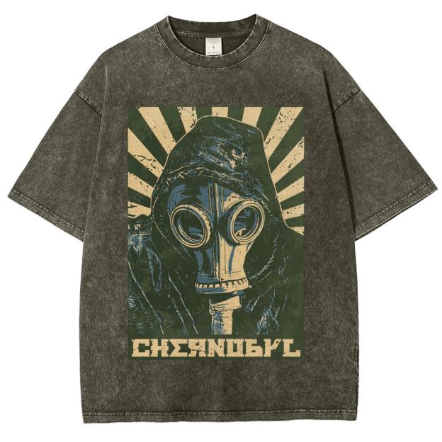 Vintage Post‑Apocalyptic Gas Mask Propaganda Graphic Unisex Fit Washed T-Shirt