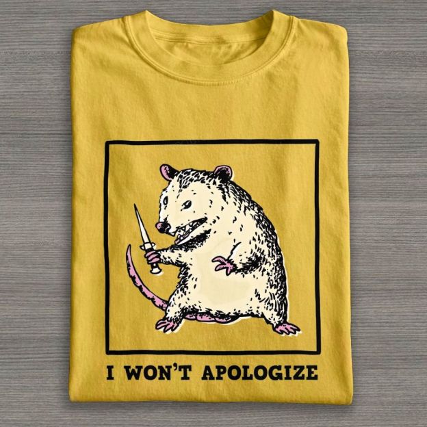 Cute Grumpy Opossum With Knife Graphic Cotton T-shirt