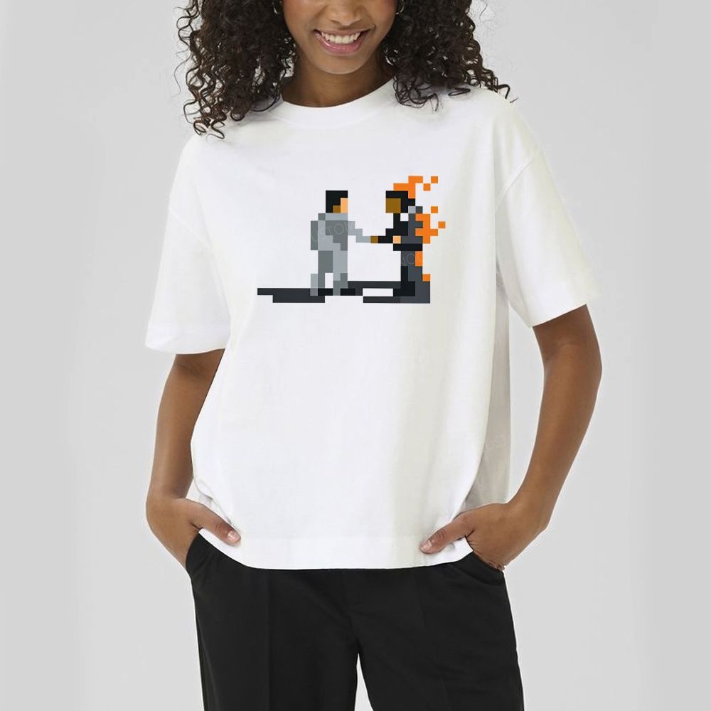 Retro Pixel Art Two Figure Handshake Graphic Cotton T-Shirt