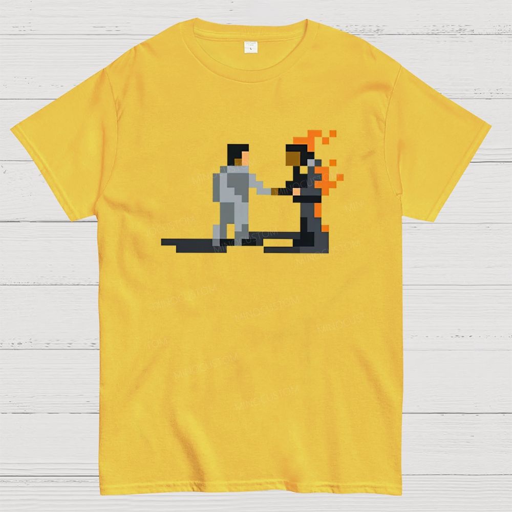 Retro Pixel Art Two Figure Handshake Graphic Cotton T-Shirt