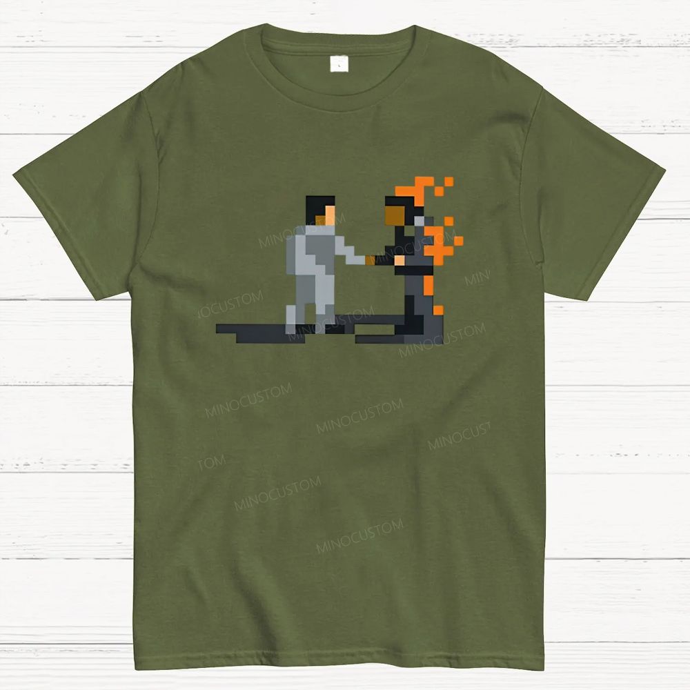 Retro Pixel Art Two Figure Handshake Graphic Cotton T-Shirt