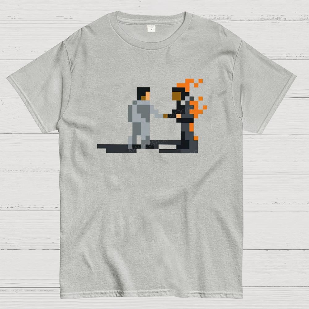 Retro Pixel Art Two Figure Handshake Graphic Cotton T-Shirt