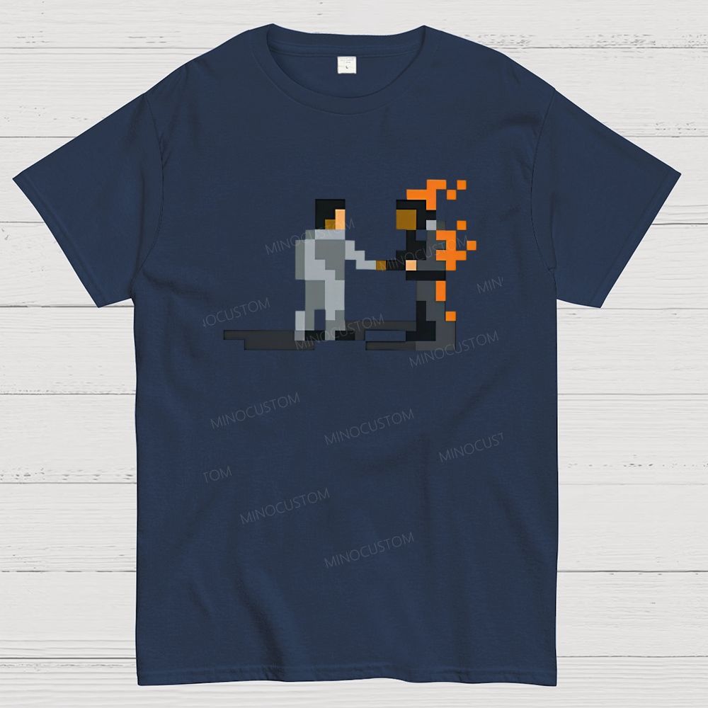 Retro Pixel Art Two Figure Handshake Graphic Cotton T-Shirt