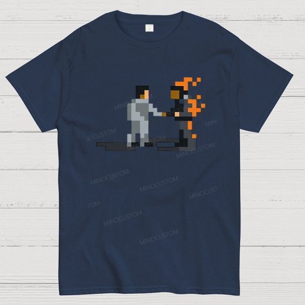 Retro Pixel Art Two Figure Handshake Graphic Cotton T-Shirt