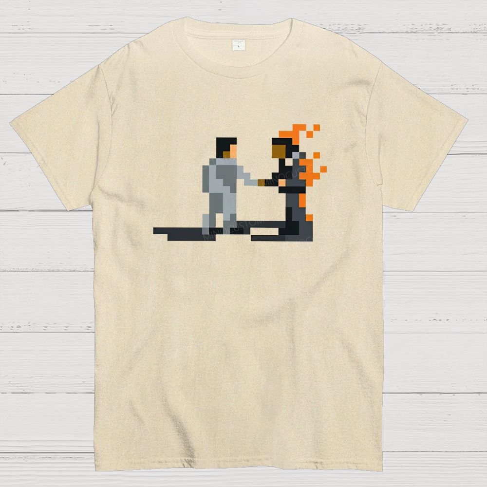 Retro Pixel Art Two Figure Handshake Graphic Cotton T-Shirt