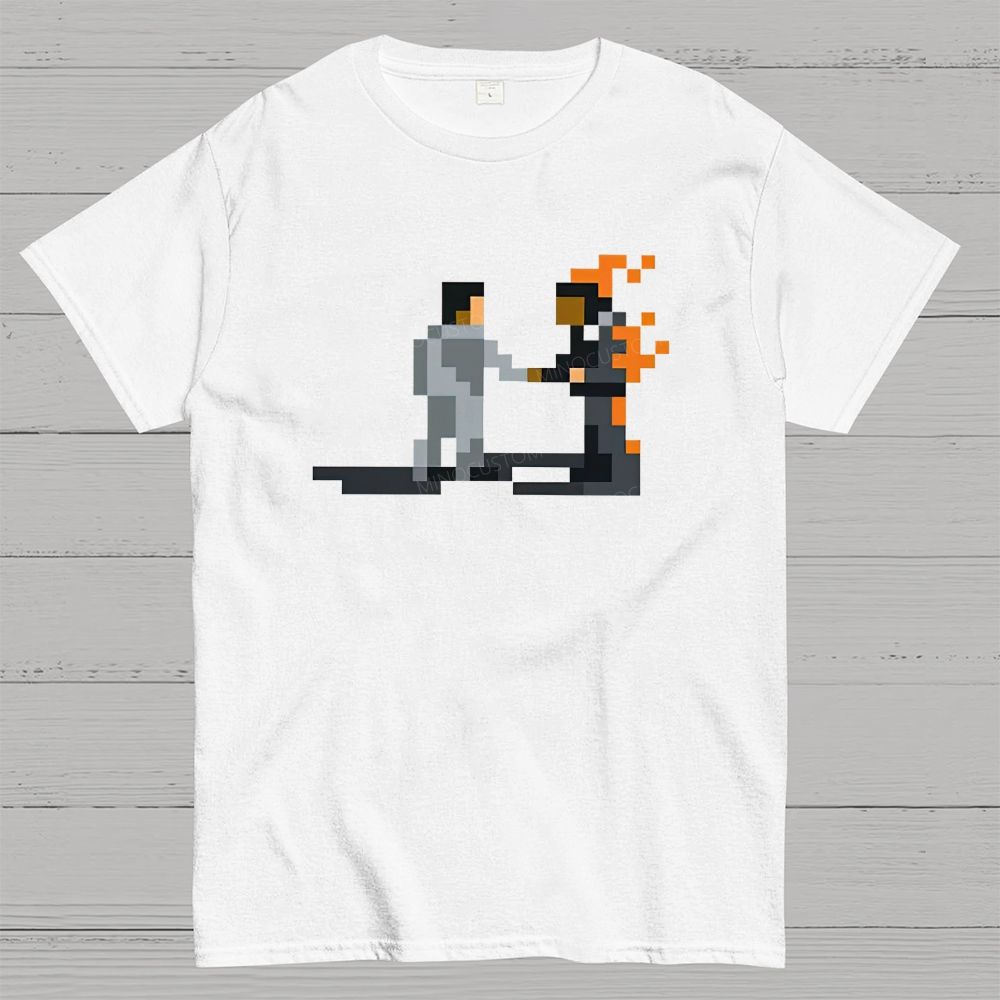 Retro Pixel Art Two Figure Handshake Graphic Cotton T-Shirt