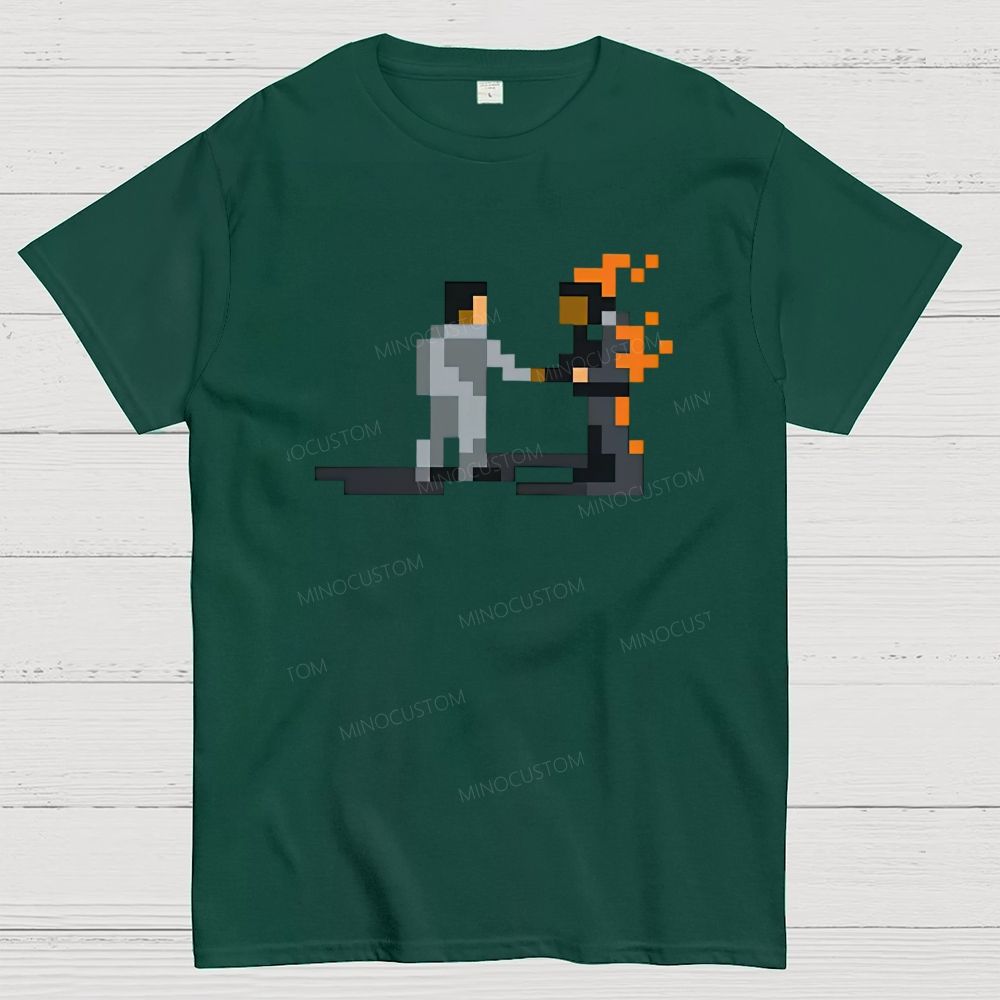 Retro Pixel Art Two Figure Handshake Graphic Cotton T-Shirt