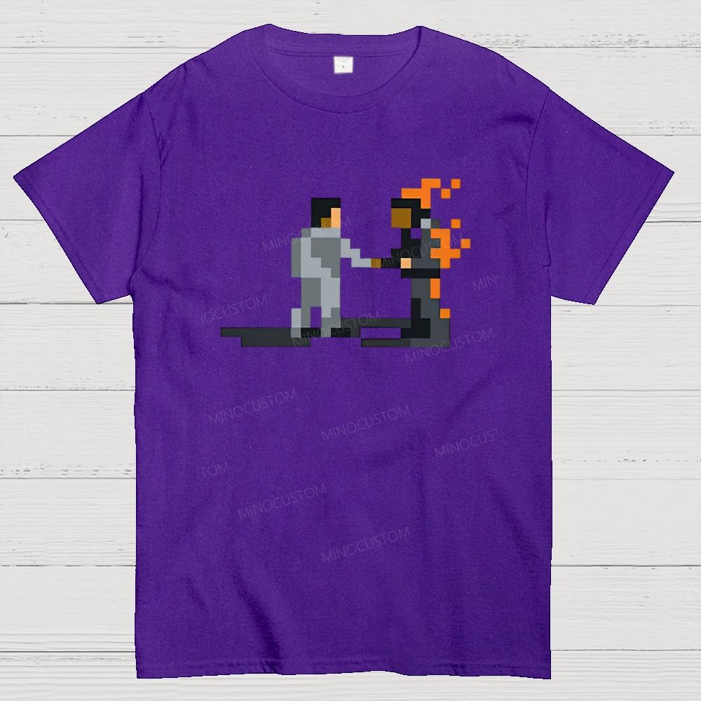 Retro Pixel Art Two Figure Handshake Graphic Cotton T-Shirt