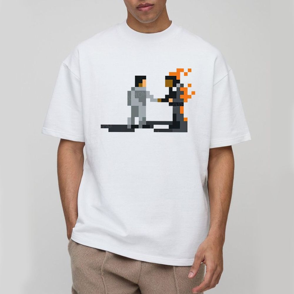 Retro Pixel Art Two Figure Handshake Graphic Cotton T-Shirt