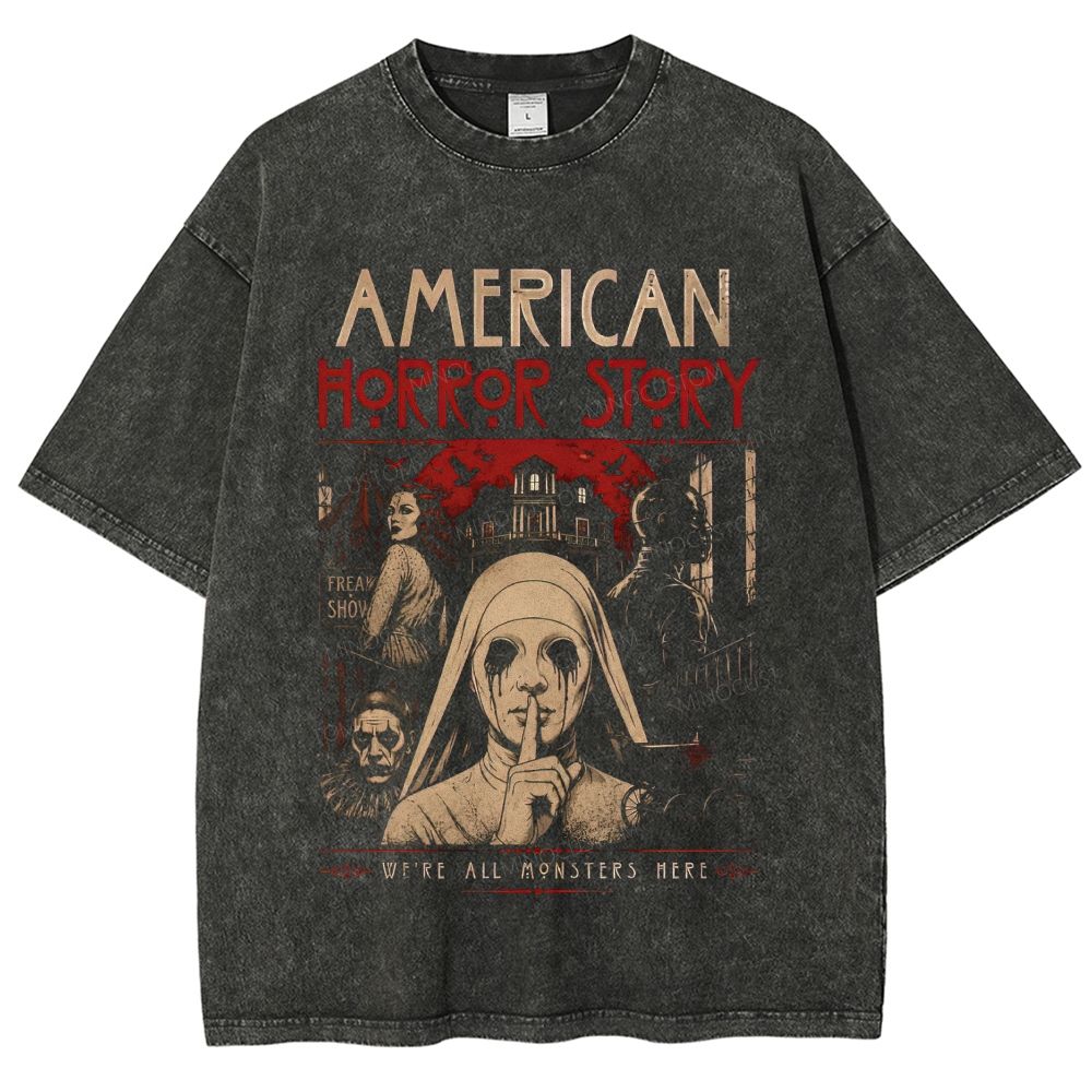Vintage Gothic Horror Group Portrait Graphic Unisex Fit Washed T-Shirt