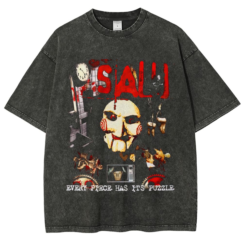Vintage Retro Horror Puppet Collage Graphic Unisex Fit Washed T-Shirt