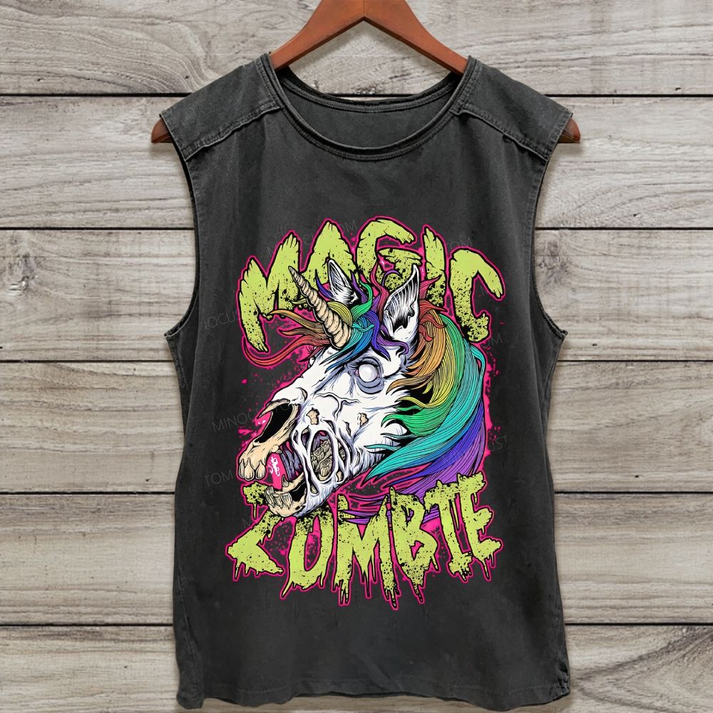 Neon Rainbow Zombie Unicorn Graphic Washed Tank Top