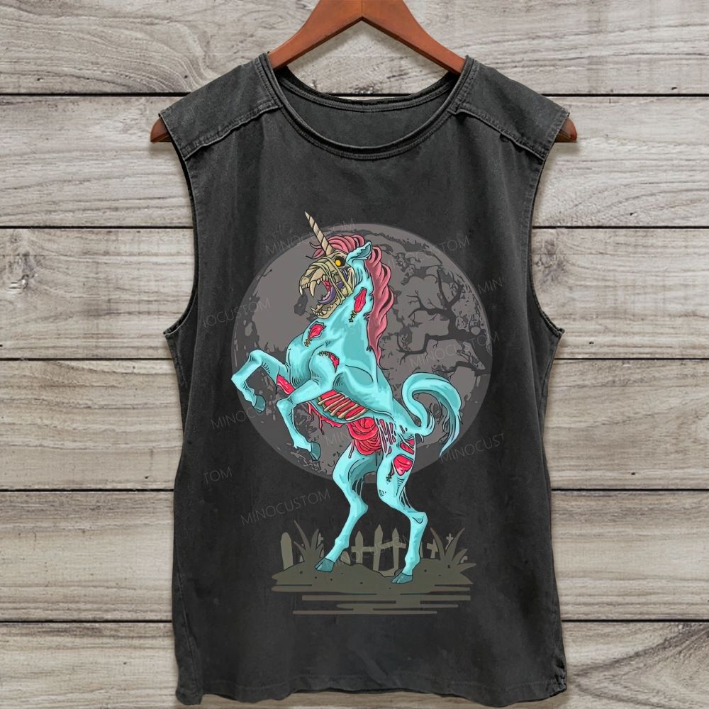 Undead Skeleton Unicorn Full Moon Graveyard Graphic Washed Tank Top