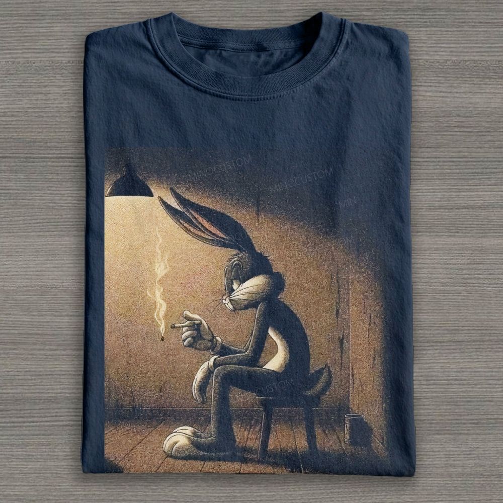 Melancholic Cartoon Bunny Noir Graphic Cotton T-shirt 