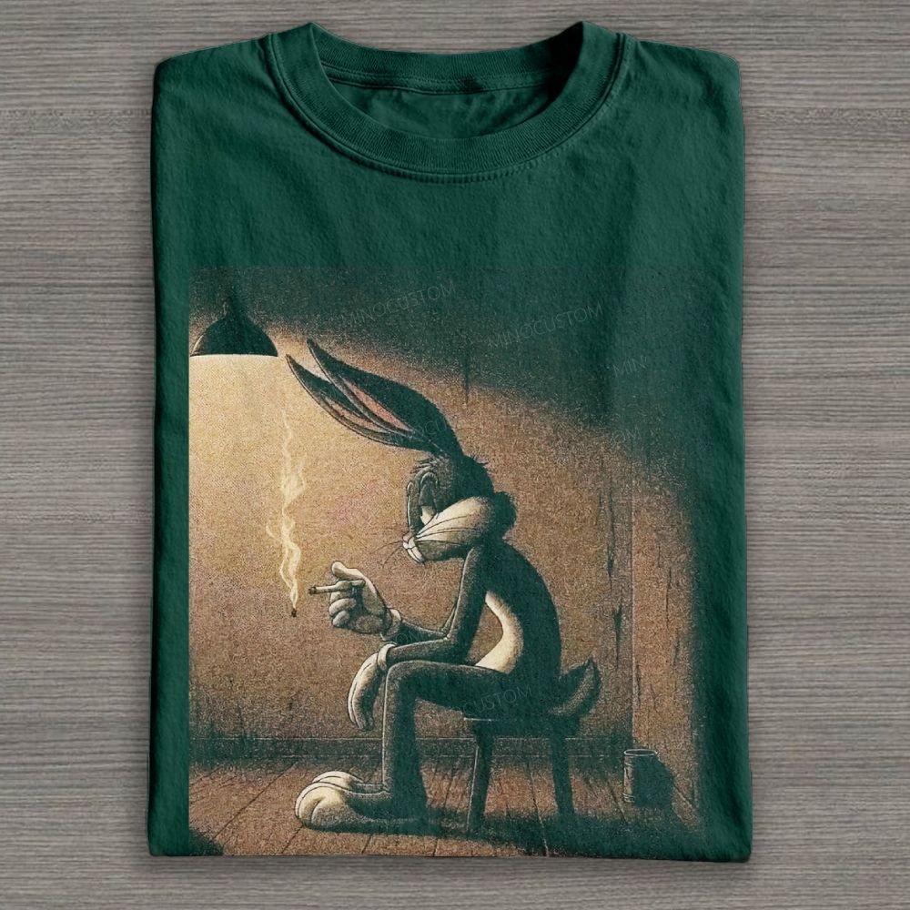 Melancholic Cartoon Bunny Noir Graphic Cotton T-shirt 