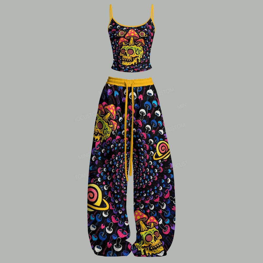 Psychedelic Skull Mushroom Planet Top & Elasticated Trousers Two-Piece Set