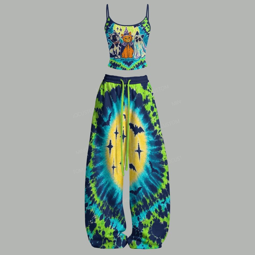 Retro Tie‑Dye Jack‑o‑Lantern Top & Elasticated Trousers Two-Piece Set