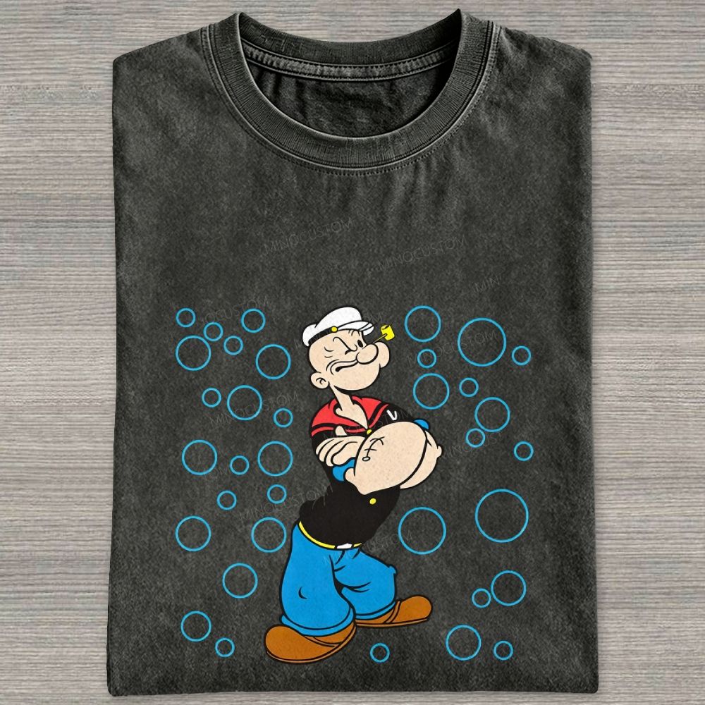 Retro Muscular Sailor Character With Bubbles Graphic Washed T-shirt