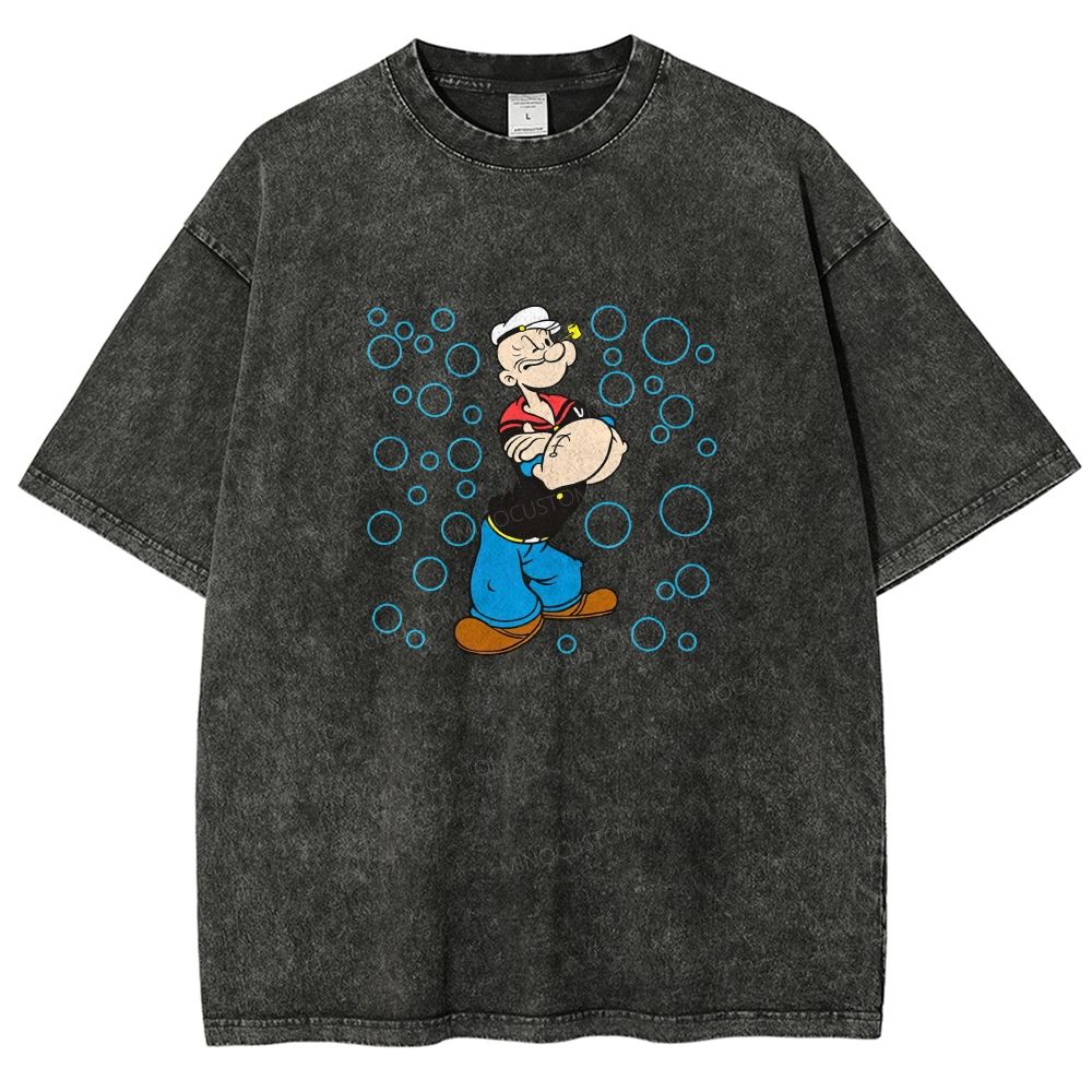 Retro Muscular Sailor Character With Bubbles Graphic Washed T-shirt