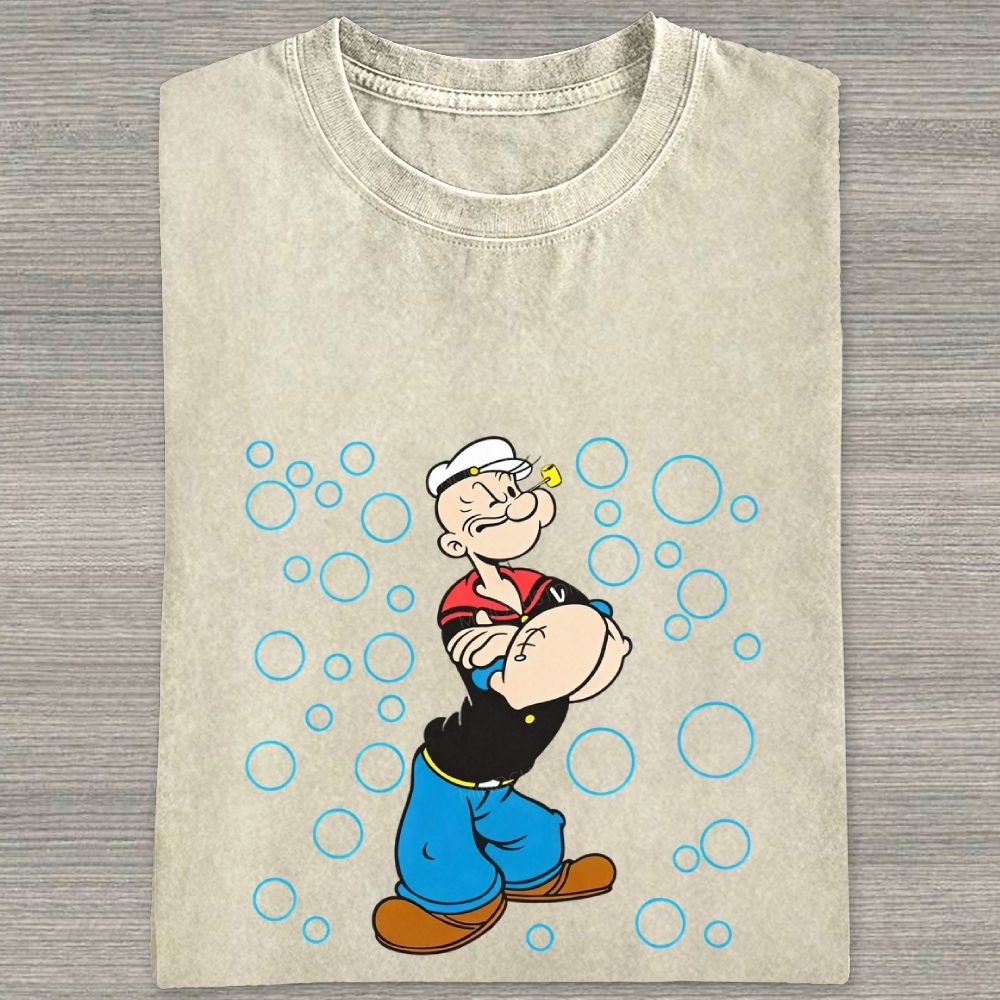 Retro Muscular Sailor Character With Bubbles Graphic Washed T-shirt