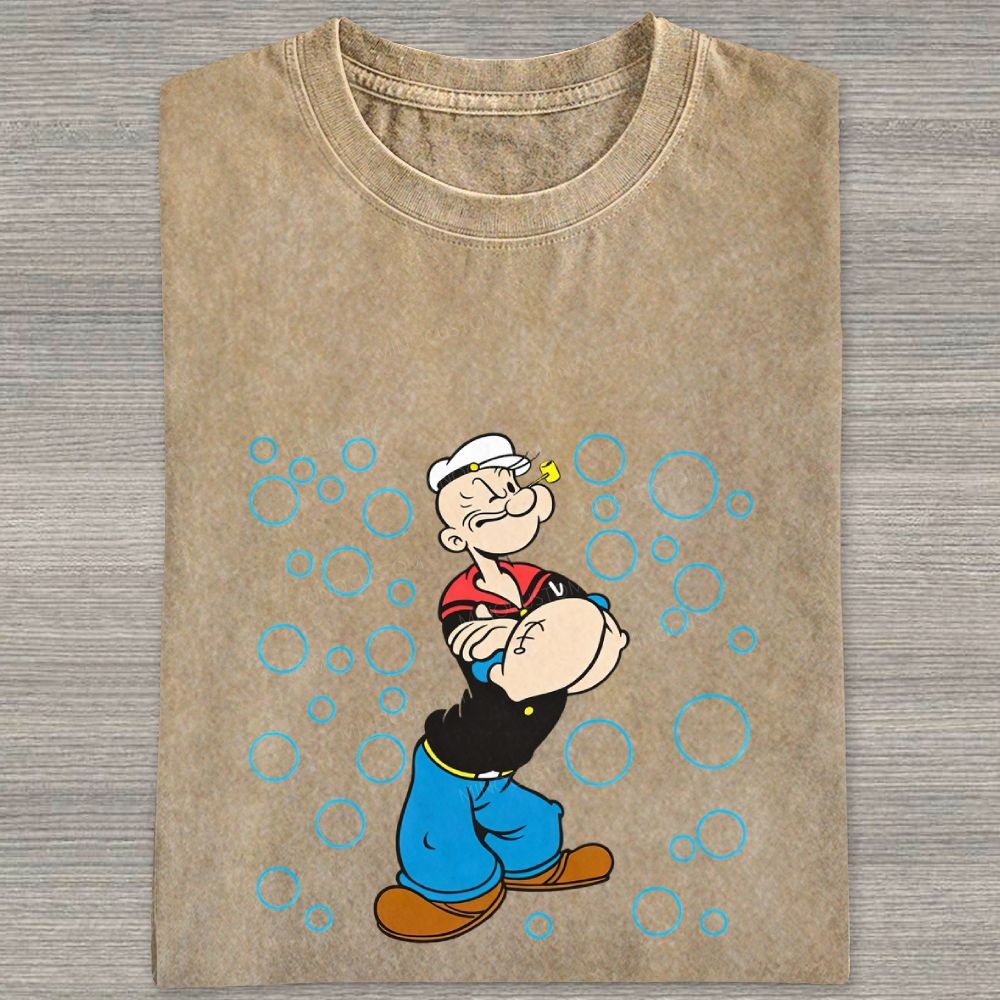Retro Muscular Sailor Character With Bubbles Graphic Washed T-shirt