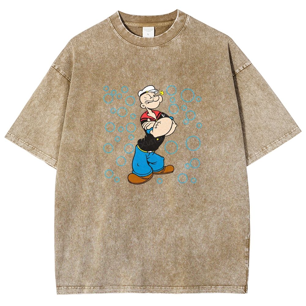 Retro Muscular Sailor Character With Bubbles Graphic Washed T-shirt