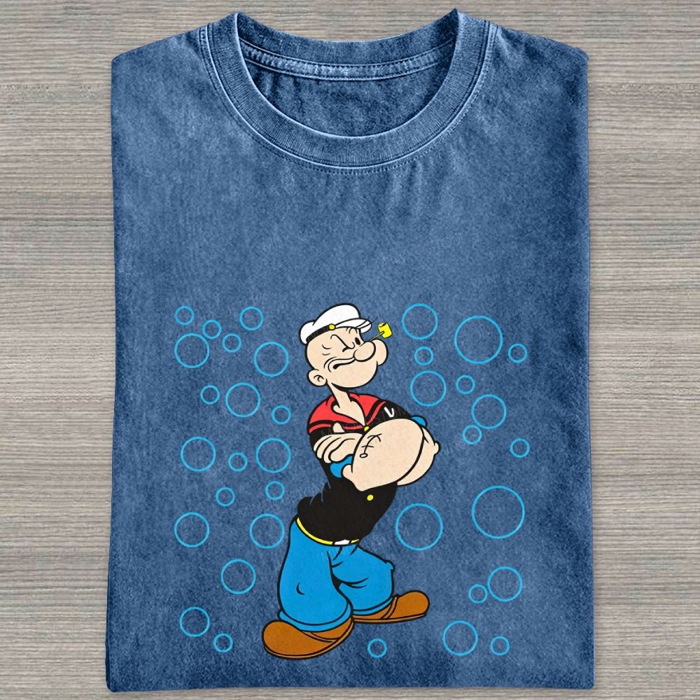 Retro Muscular Sailor Character With Bubbles Graphic Washed T-shirt