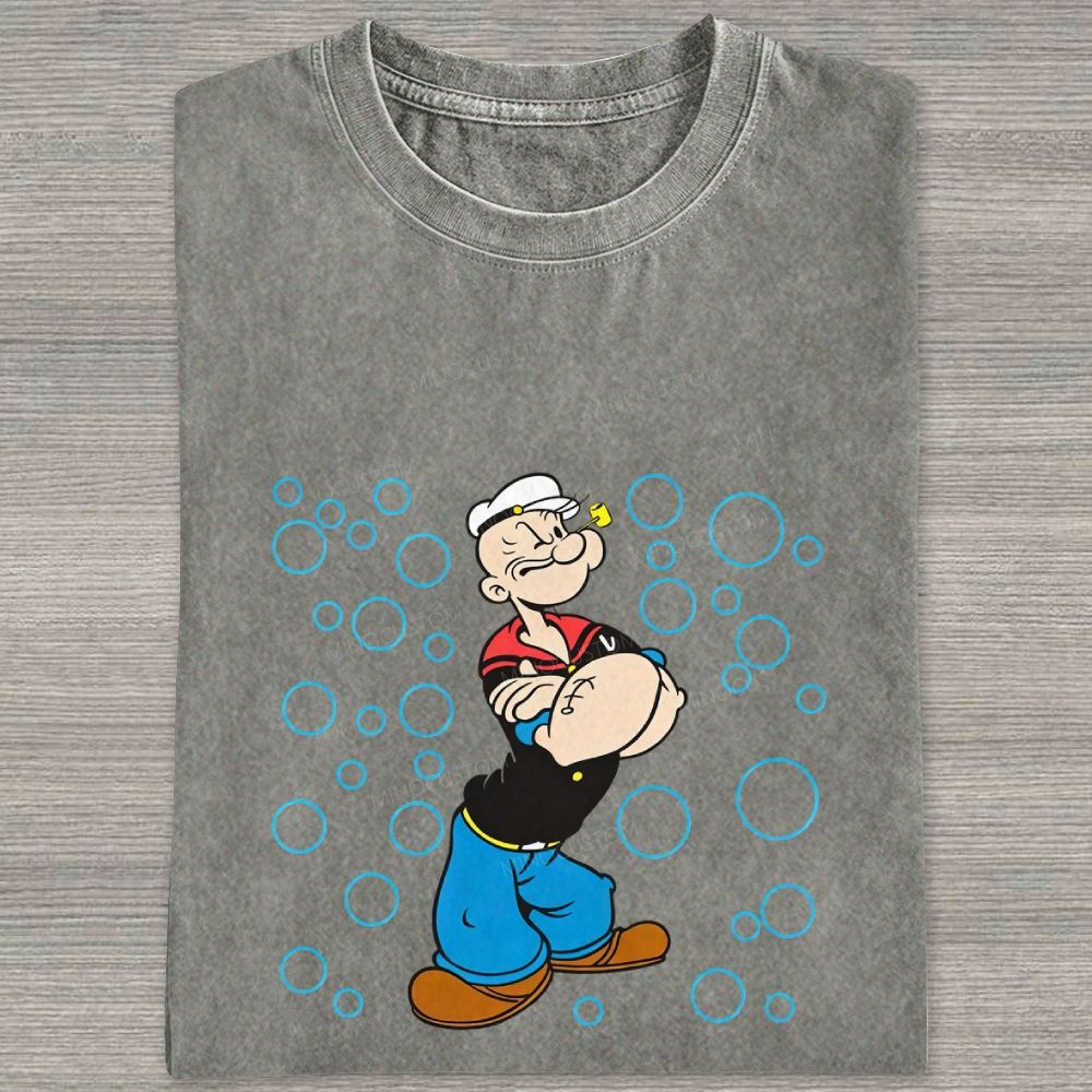 Retro Muscular Sailor Character With Bubbles Graphic Washed T-shirt