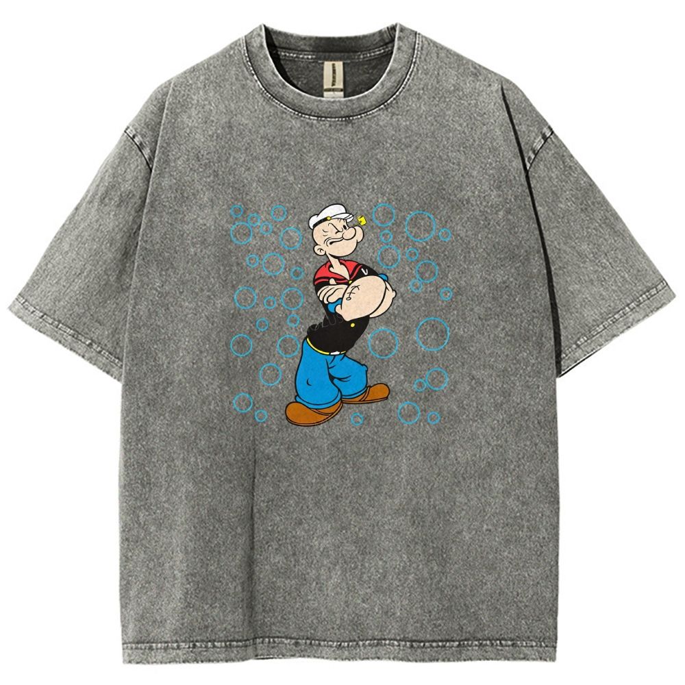 Retro Muscular Sailor Character With Bubbles Graphic Washed T-shirt