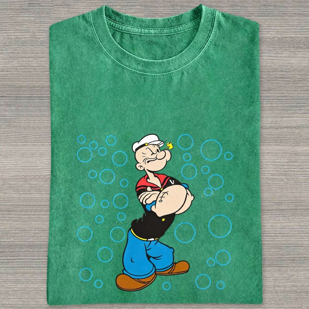 Retro Muscular Sailor Character With Bubbles Graphic Washed T-shirt