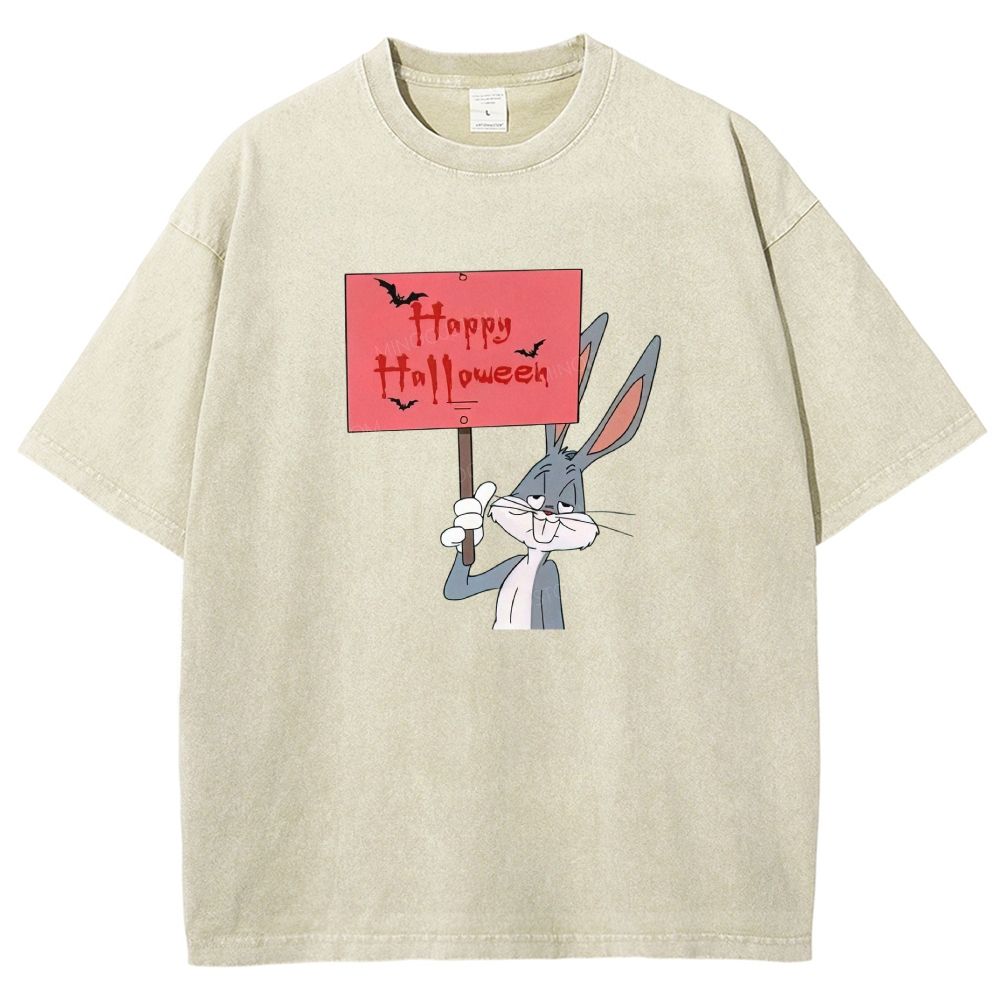 Spooky Halloween Rabbit Character Holding Sign Graphic Washed T-shirt