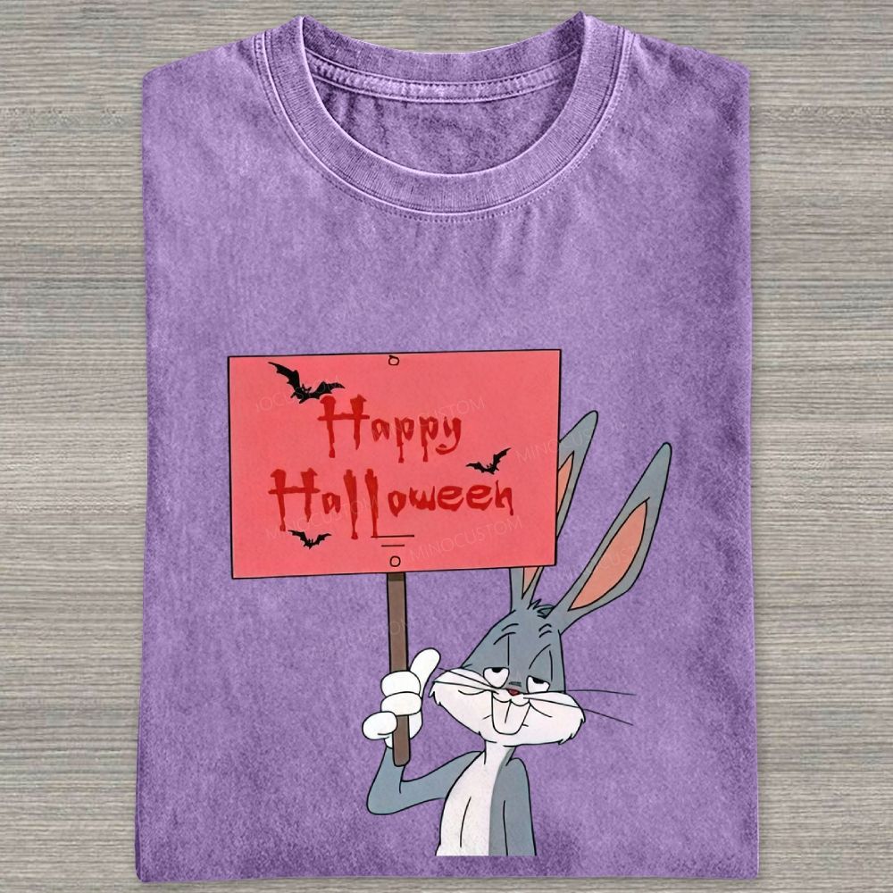 Spooky Halloween Rabbit Character Holding Sign Graphic Washed T-shirt