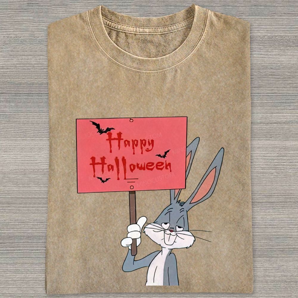 Spooky Halloween Rabbit Character Holding Sign Graphic Washed T-shirt