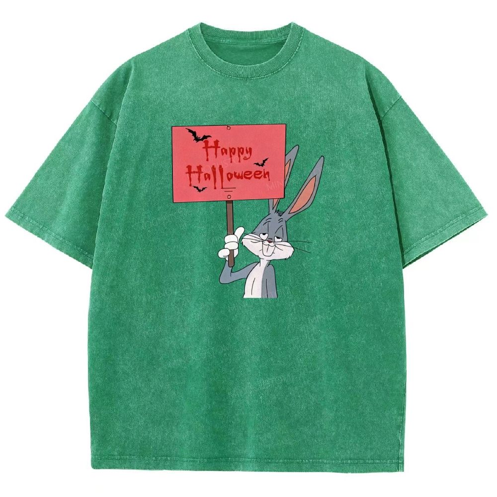 Spooky Halloween Rabbit Character Holding Sign Graphic Washed T-shirt